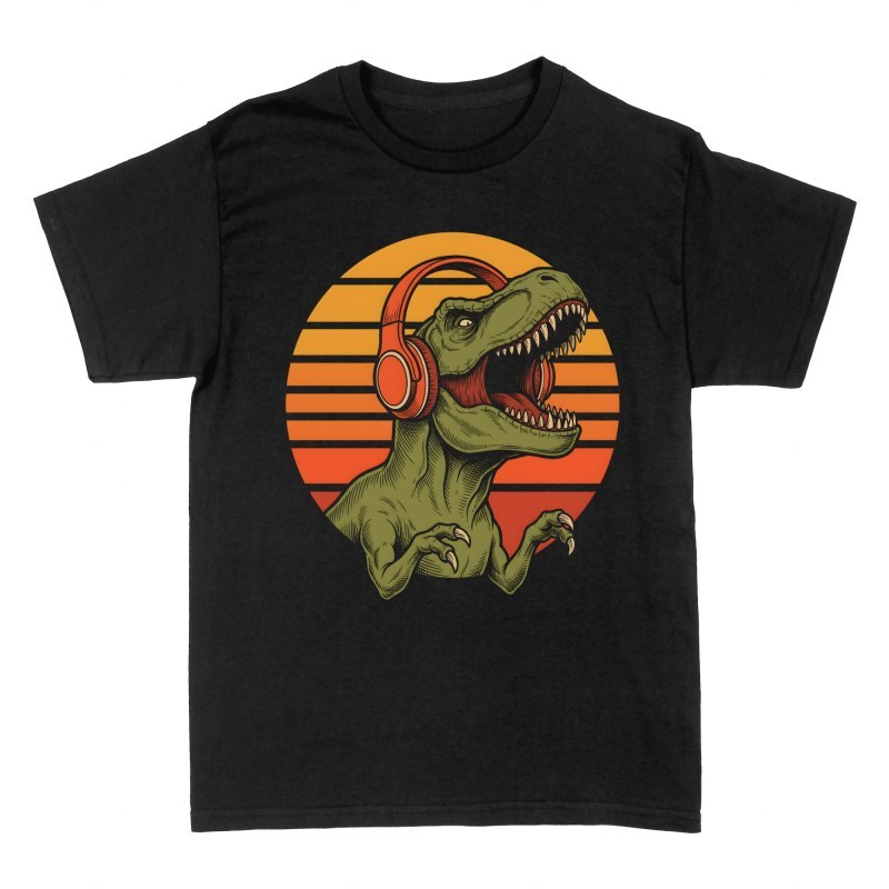 Camisetas: T-Rex con auriculares y atardecer retro