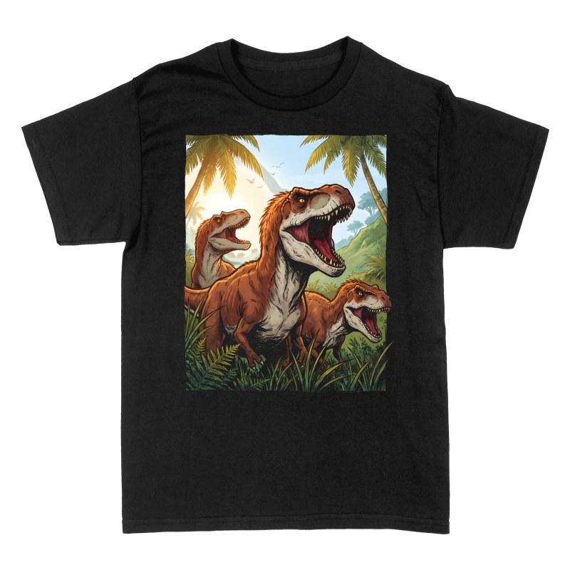 Camisetas: Tres tiranosaurios rugiendo en la jungla