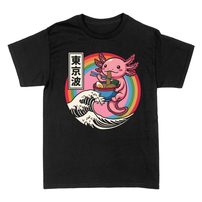 Camisetas: Ajolote comiendo ramen con gran ola