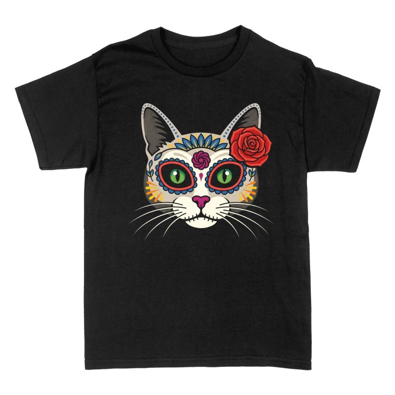 Camisetas: Gato calavera mexicana con rosa