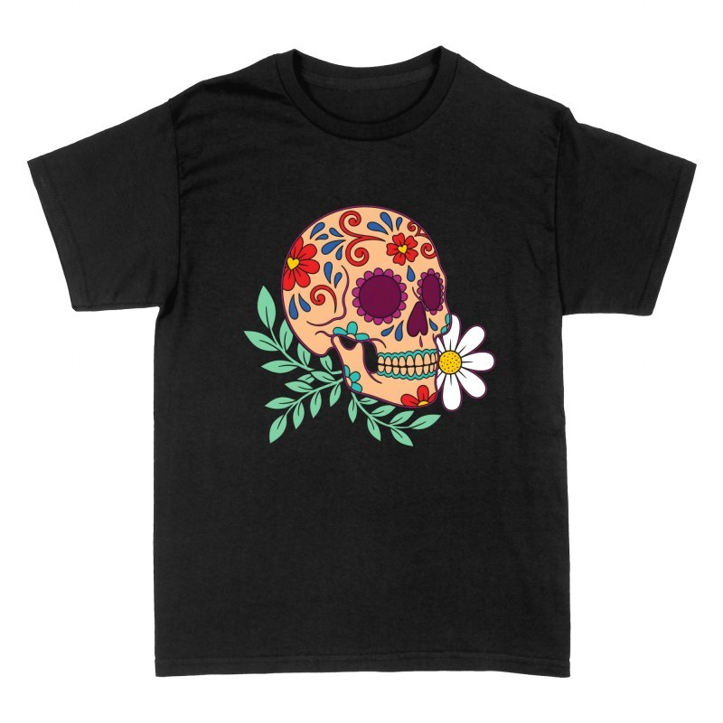 Camisetas: Calavera de az&uacute;car con margarita
