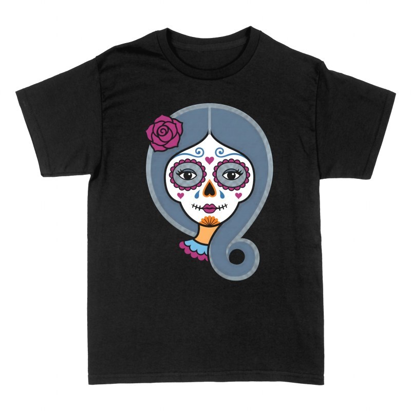 Camisetas: Catrina mexicana con rosa y pelo azul