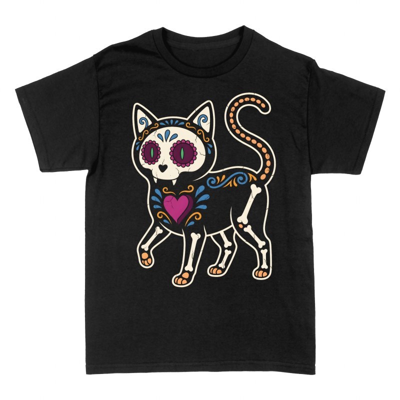 Camisetas: Gato esqueleto estilo calavera de az&uacute;car