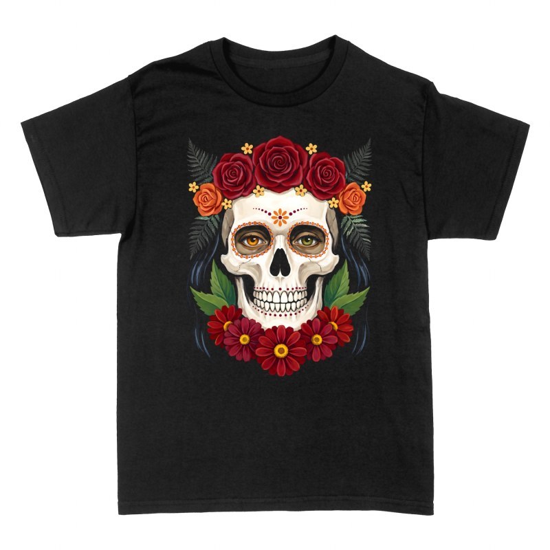 Camisetas: Calavera de az&uacute;car con corona de rosas