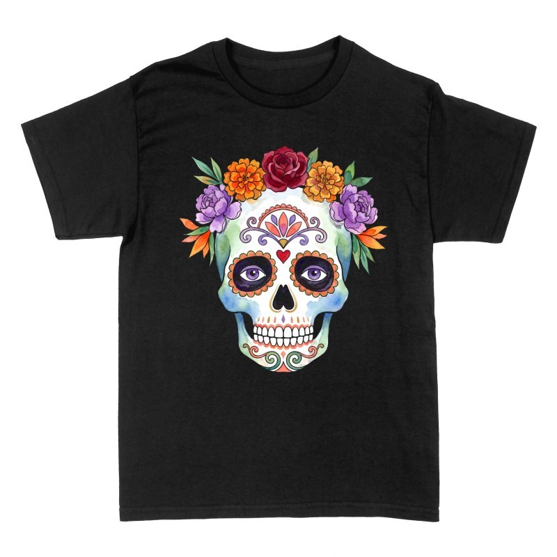 Camisetas: Calavera mexicana floral de acuarela
