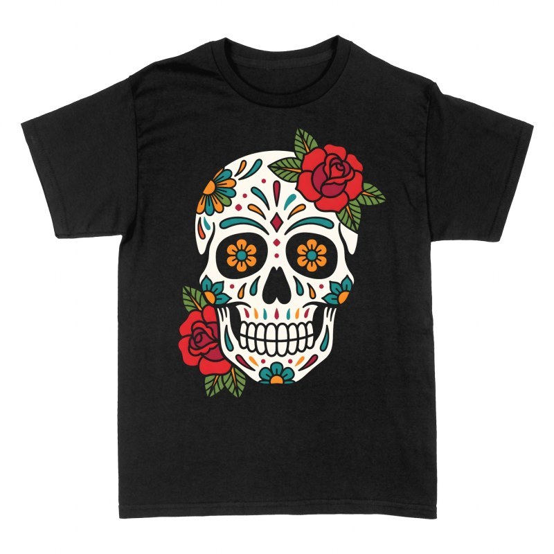 Camisetas: Calavera Tattoo con Rosas y Adornos