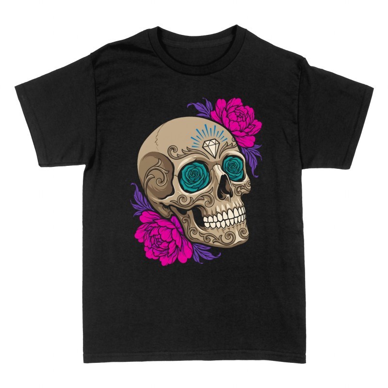Camisetas: Calavera con rosas y diamante