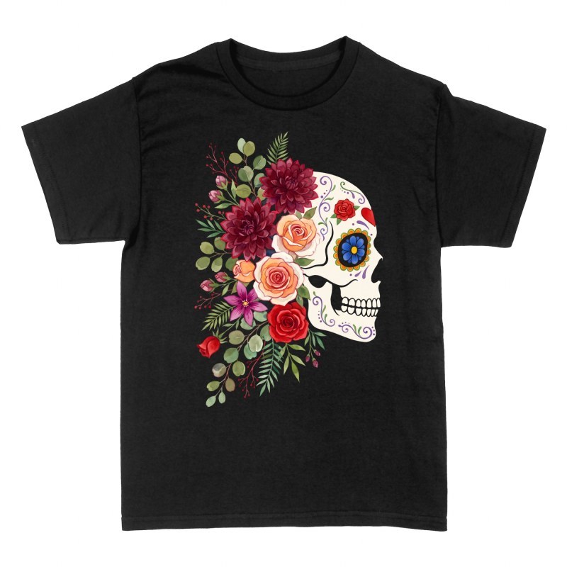 Camisetas: Calavera de az&uacute;car de perfil con dalias