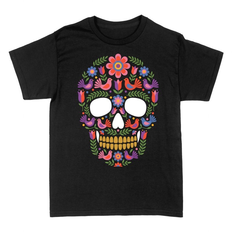 Camisetas: Calavera mexicana floral y p&aacute;jaros