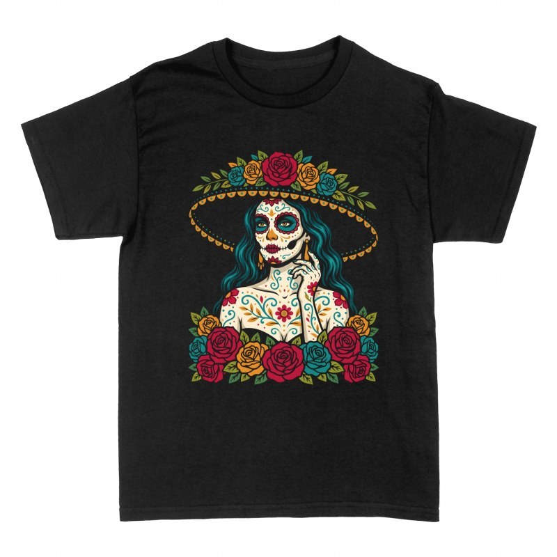 Camisetas: Catrina con sombrero y rosas