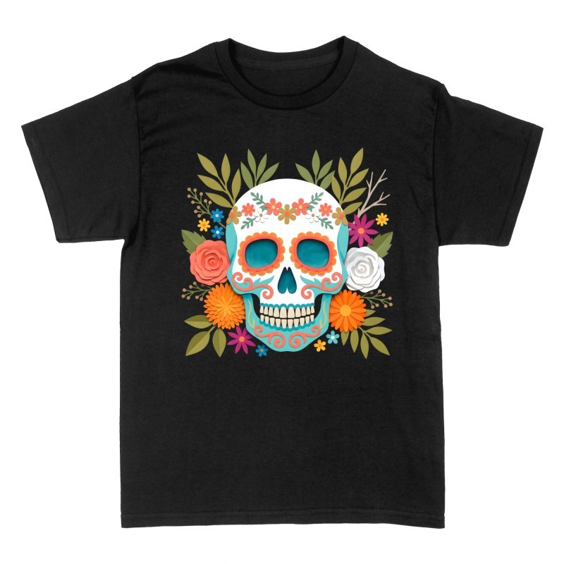Camisetas: Calavera mexicana de papel con flores