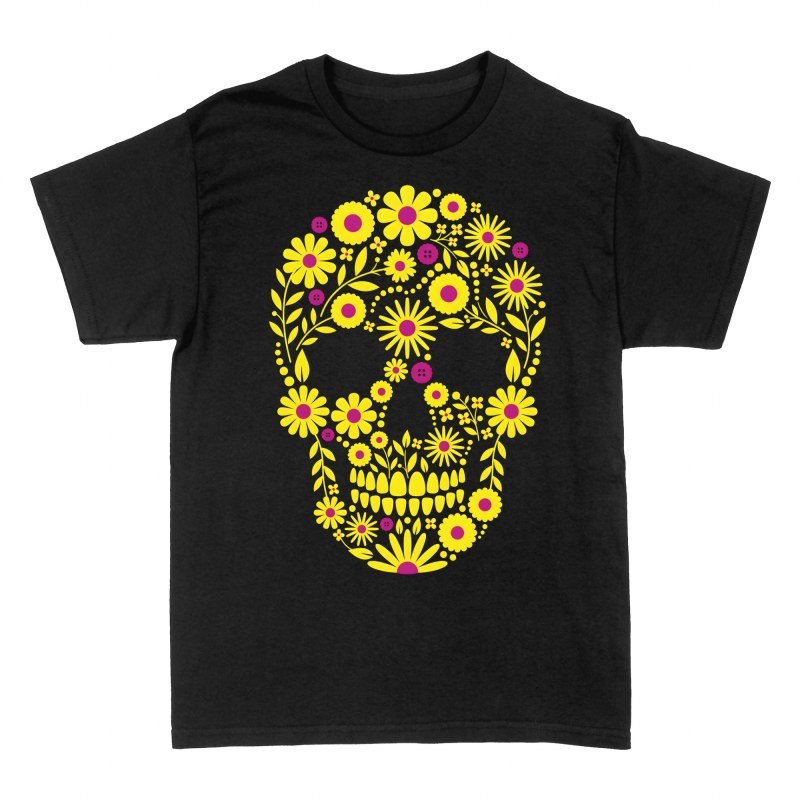 Camisetas: Calavera de flores amarillas