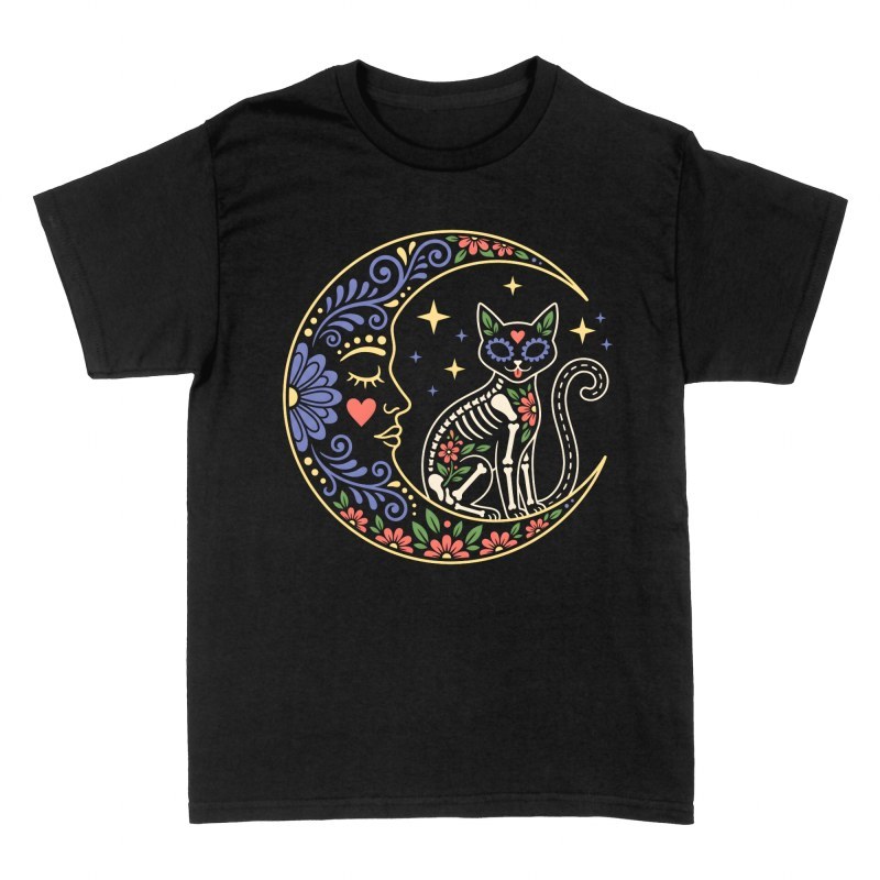 Camisetas: Gato Calavera en Luna Floral