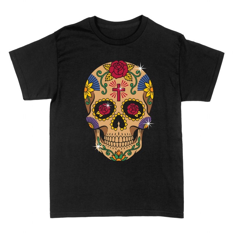 Camisetas: Calavera de az&uacute;car con cruz radiante