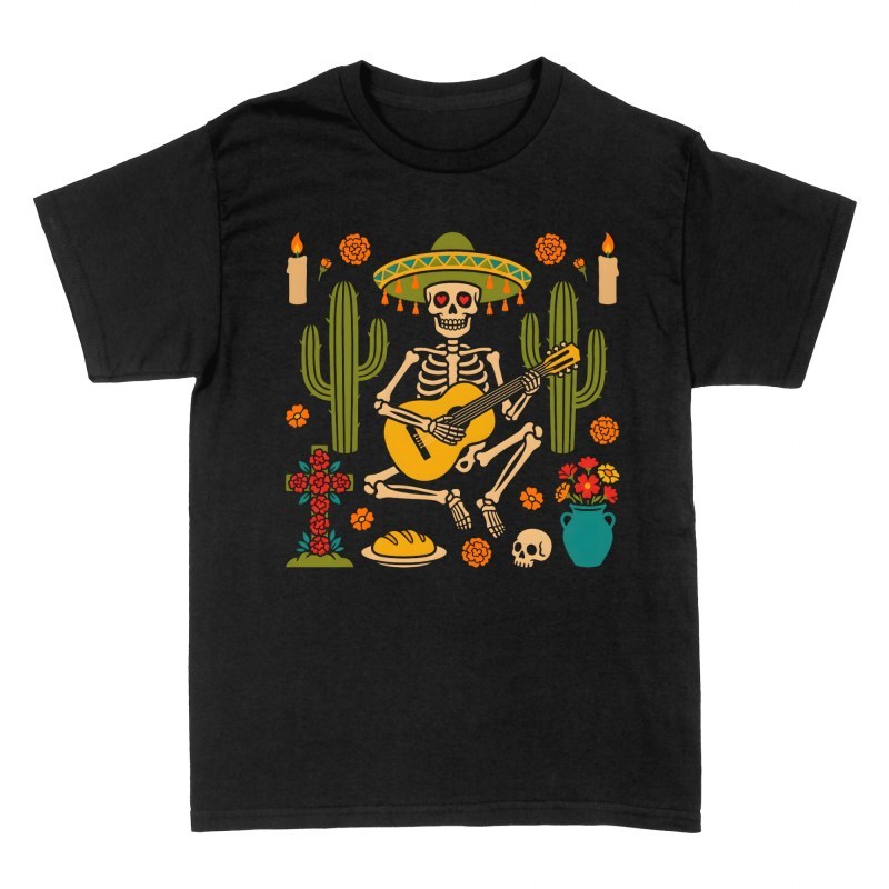 Camisetas: Esqueleto mariachi con guitarra y ofrenda