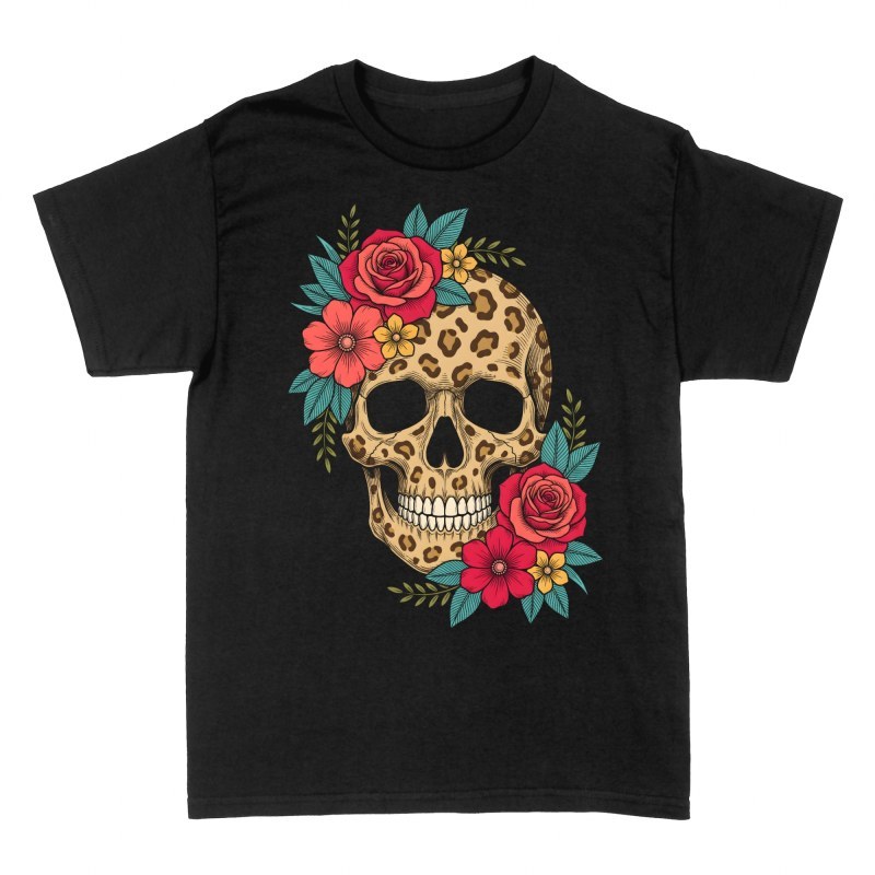 Camisetas: Calavera de leopardo con rosas