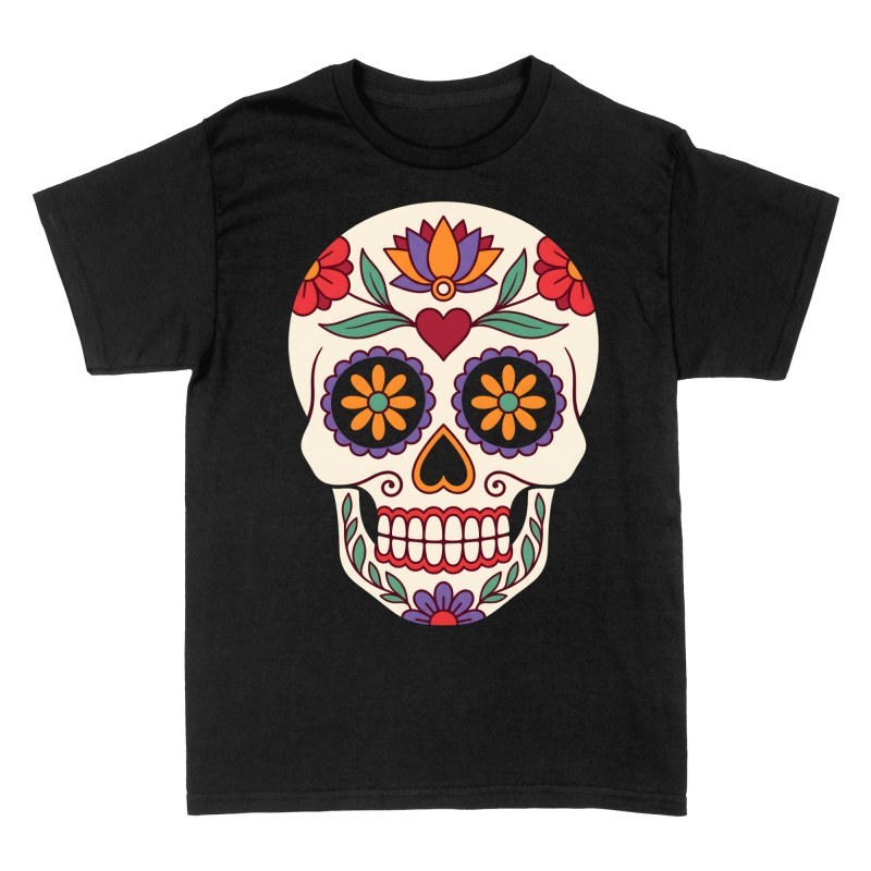 Camisetas: Calavera de az&uacute;car con coraz&oacute;n y flores
