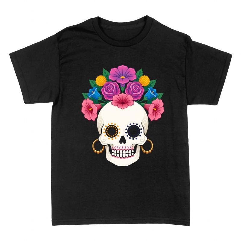 Camisetas: Calavera mexicana con aros y corona floral
