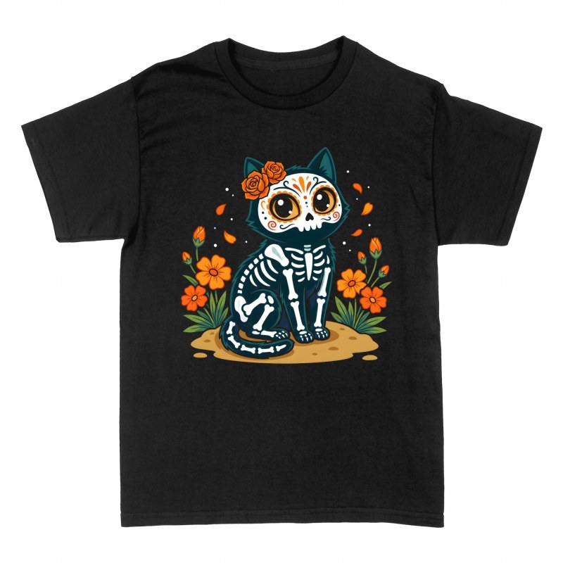 Camisetas: Gato esqueleto y flores de cempas&uacute;chil