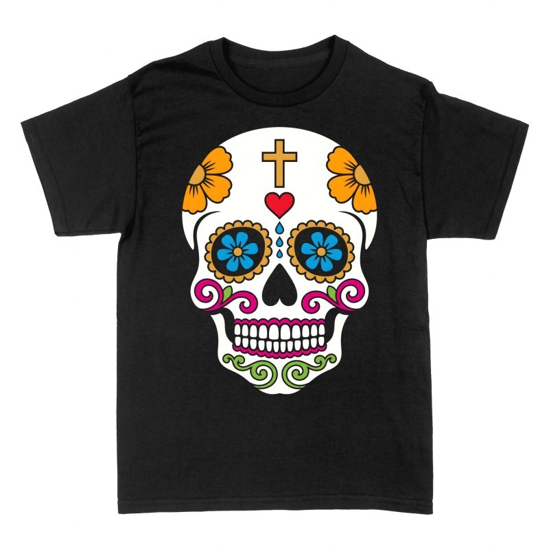 Camisetas: Calavera de az&uacute;car con cruz y coraz&oacute;n