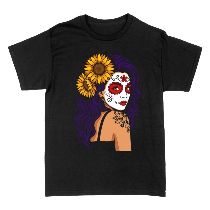 Camisetas: Catrina con girasoles y tatuaje