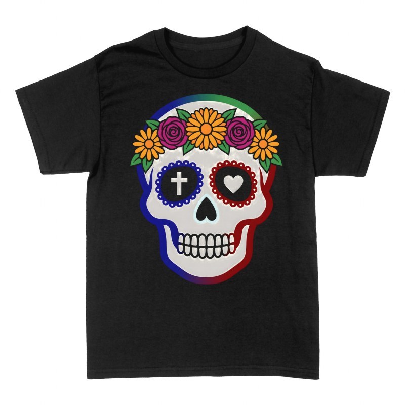 Camisetas: Calavera de az&uacute;car con corona de flores