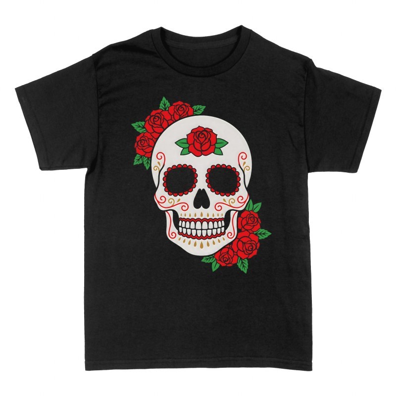 Camisetas: Calavera de az&uacute;car y rosas rojas
