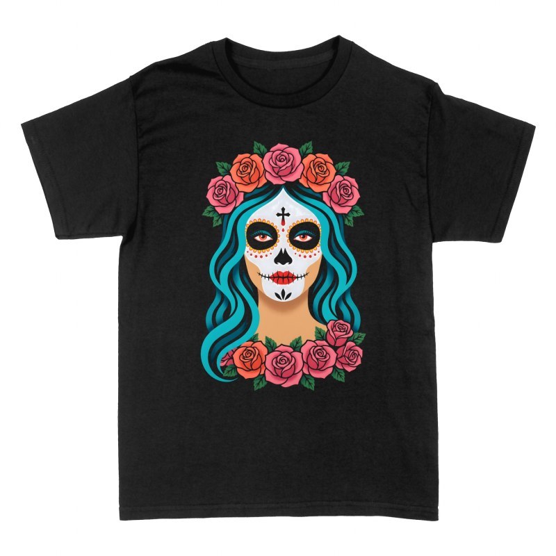 Camisetas: Catrina con rosas y pelo turquesa