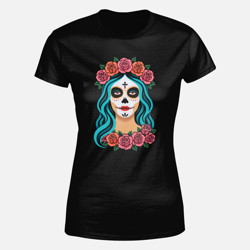 Camisetas: Catrina con rosas y pelo turquesa