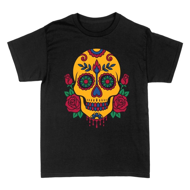 Camisetas: Calavera de az&uacute;car amarilla y rosas
