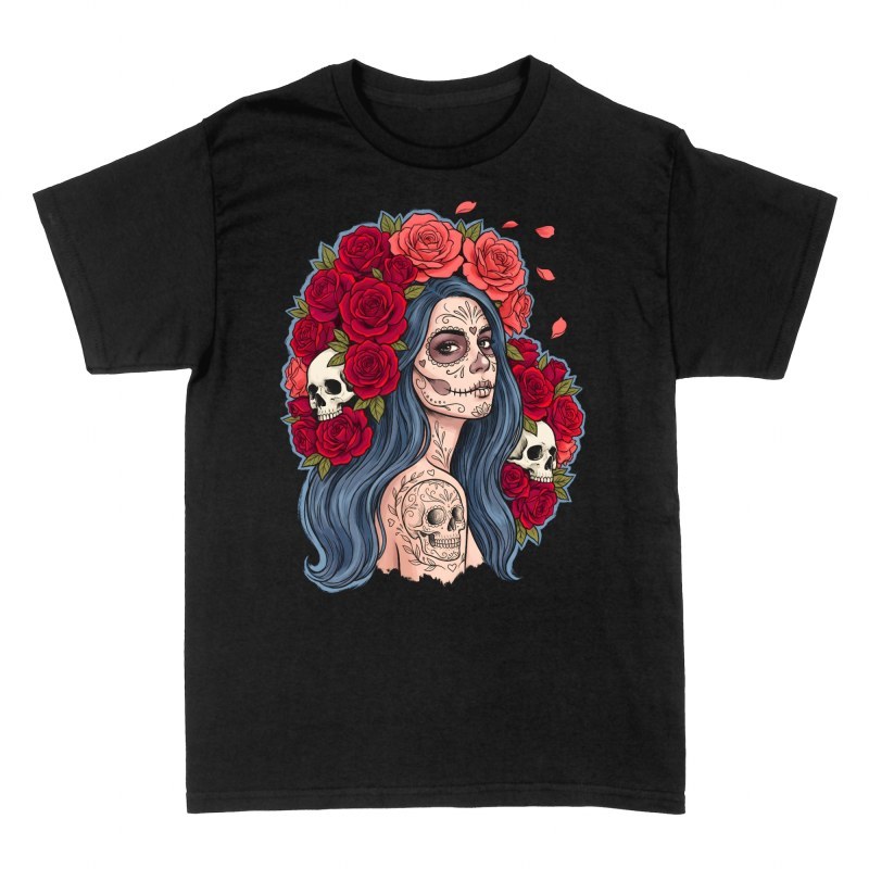 Camisetas: Catrina con rosas y calaveras