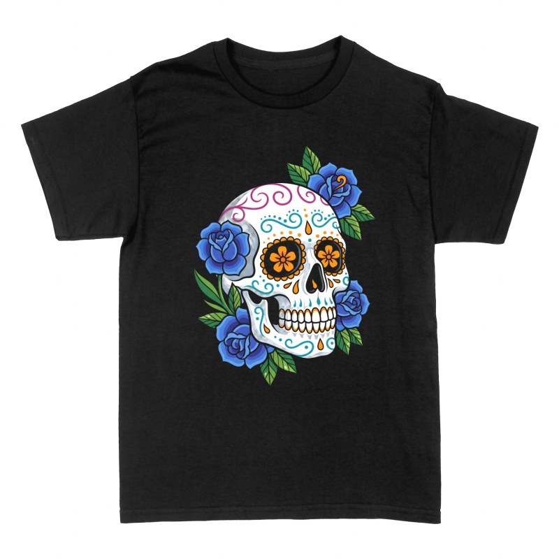 Camisetas: Calavera de az&uacute;car con rosas azules