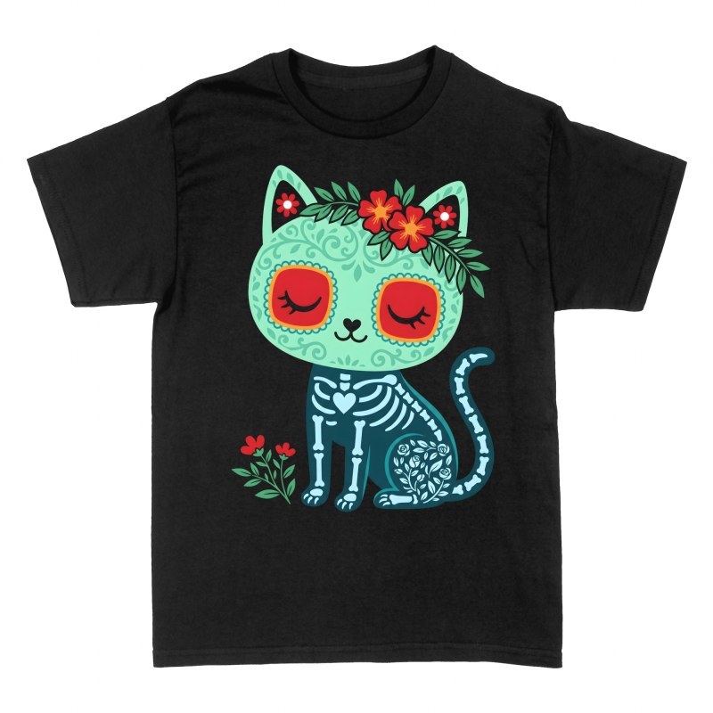 Camisetas: Gato esqueleto D&iacute;a de Muertos con flores
