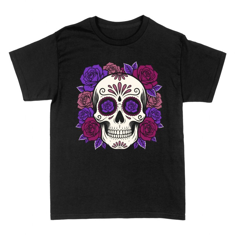 Camisetas: Calavera de az&uacute;car y rosas moradas