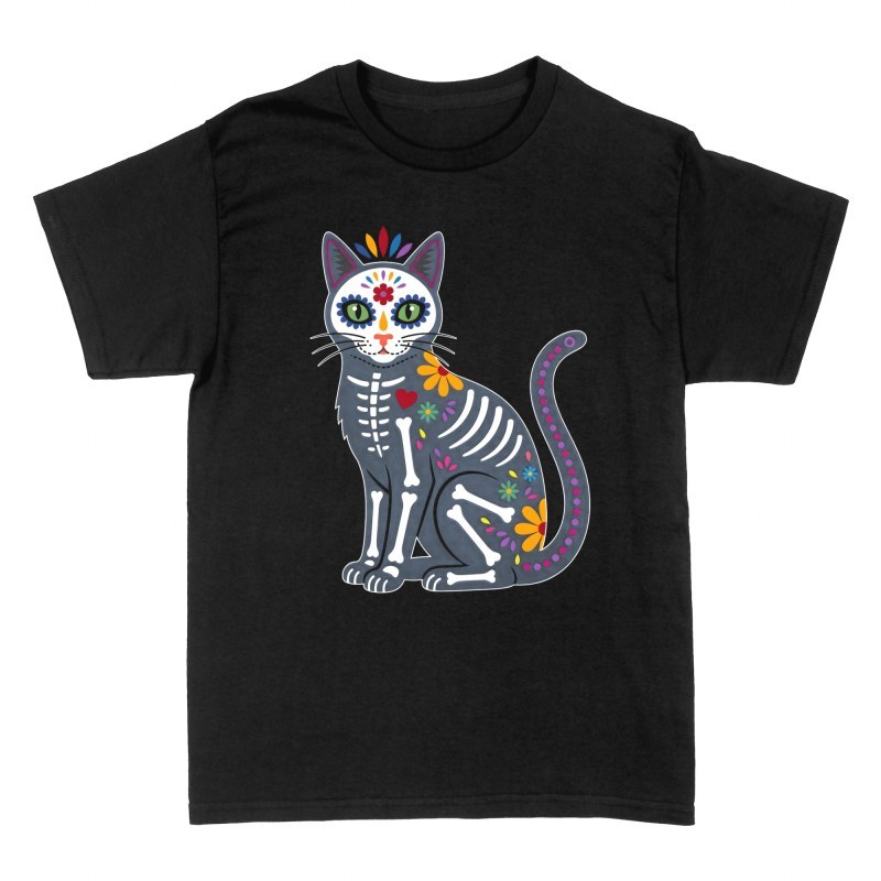 Camisetas: Gato calavera de az&uacute;car con flores