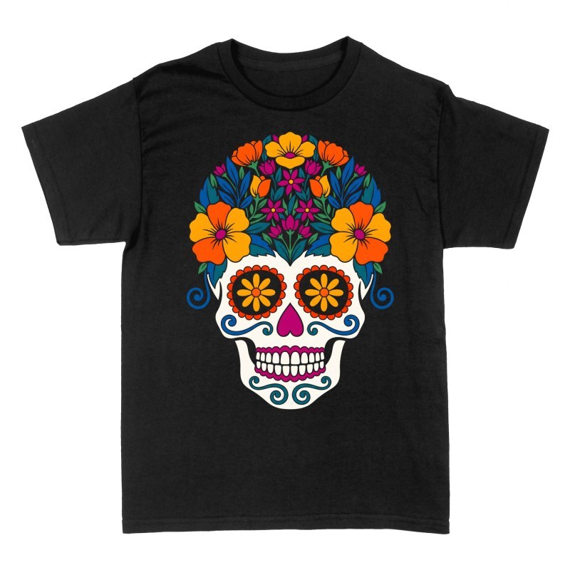 Camisetas: Calavera mexicana con tocado floral