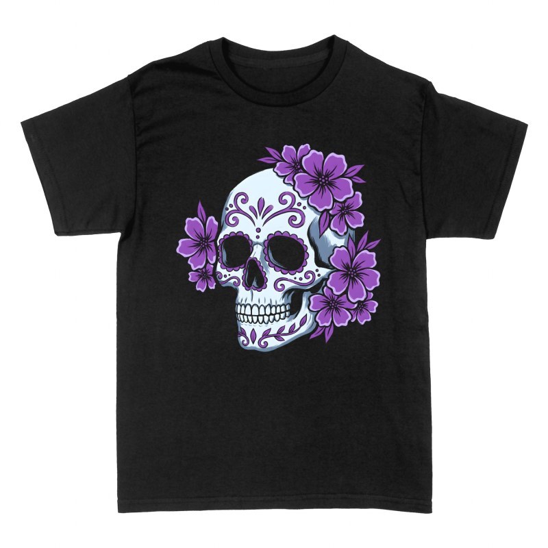 Camisetas: Calavera mexicana con flores moradas