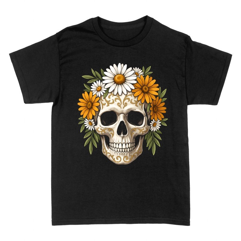 Camisetas: Calavera con corona floral y filigranas