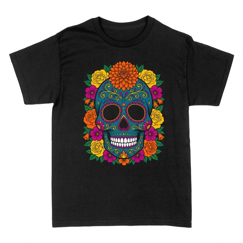 Camisetas: Calavera turquesa con corona de flores