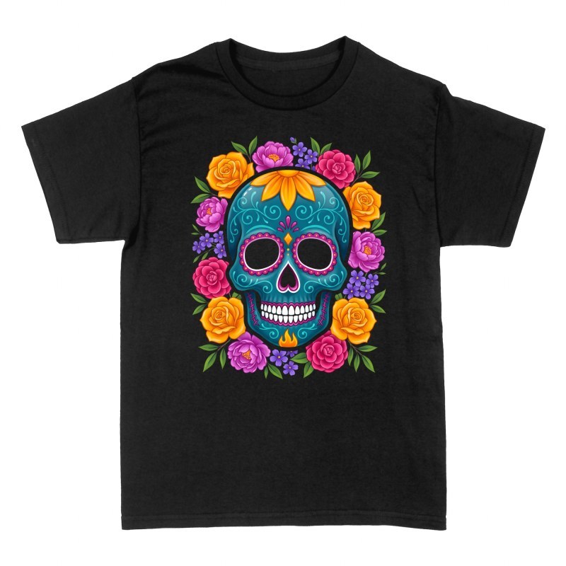 Camisetas: Calavera de az&uacute;car turquesa con peon&iacute;as