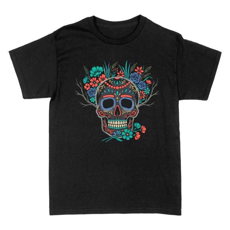 Camisetas: Calavera de az&uacute;car con corona floral
