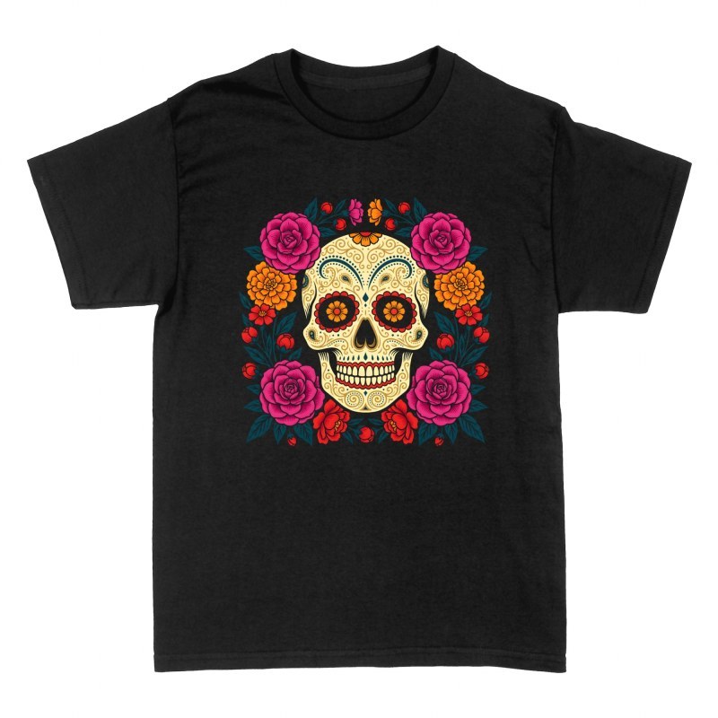 Camisetas: Calavera de az&uacute;car con marco floral