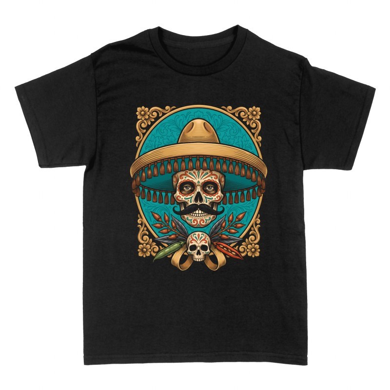 Camisetas: Calavera de az&uacute;car mariachi con bigote