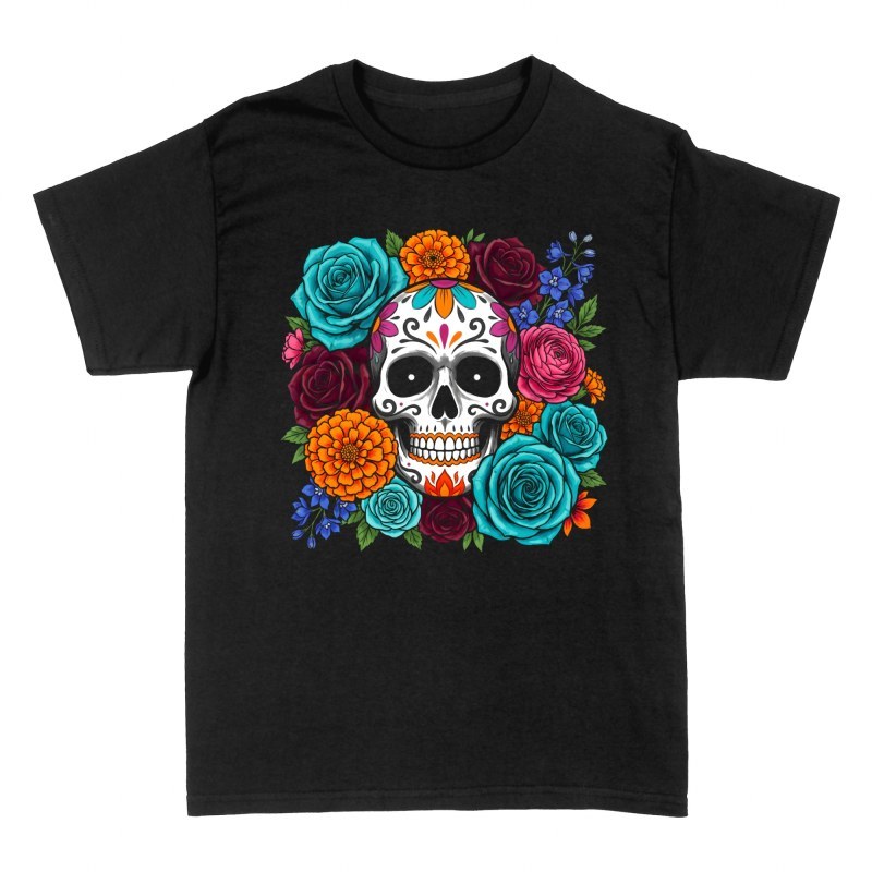Camisetas: Calavera de az&uacute;car con rosas turquesas