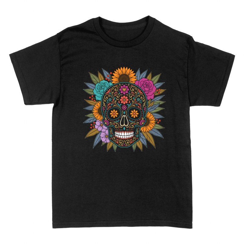 Camisetas: Calavera de az&uacute;car con girasoles y rosas