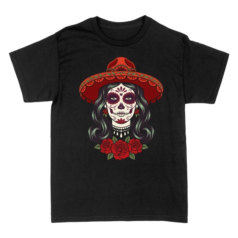 Camisetas: Catrina con sombrero rojo y rosas