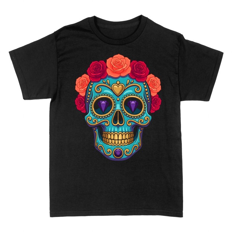 Camisetas: Calavera de az&uacute;car con rosas
