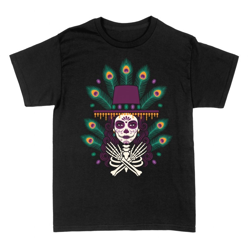 Camisetas: Catrina con plumas de pavo real