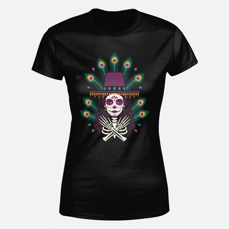 Camisetas: Catrina con plumas de pavo real