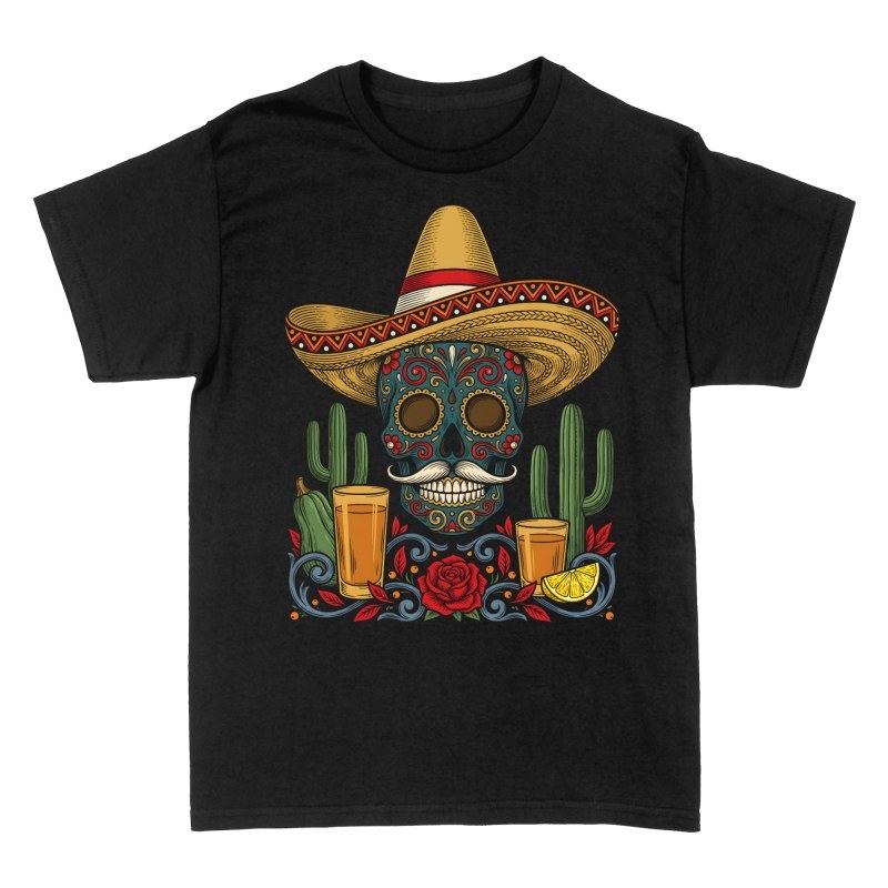 Camisetas: Calavera de mariachi con tequila y rosa